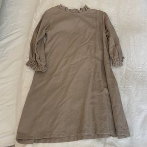 Linen Michael Girls Ruffle Neck Taupe Linen Dress - size 4-5